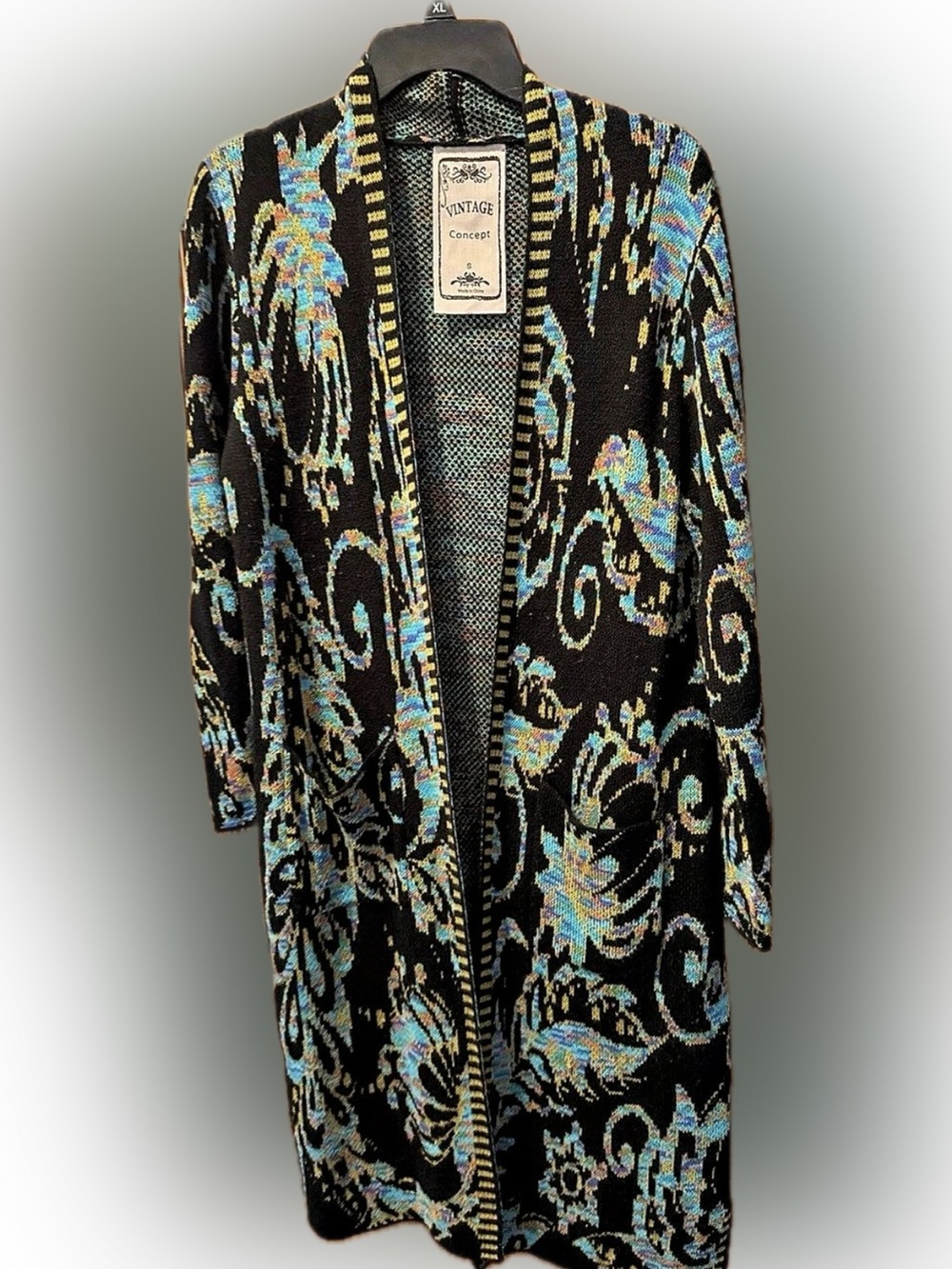 Vintage Concept Abstract Pattern Cardigan in Black & Blue Size Small
